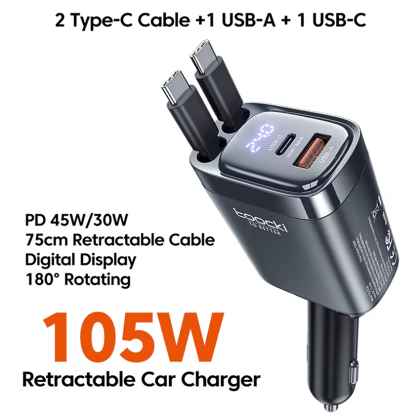Адаптер для авто Toocki 4-in-1 Retractable Car Charger (2 Type-C Cable + USB-A + USB-C) 105W (Grey)