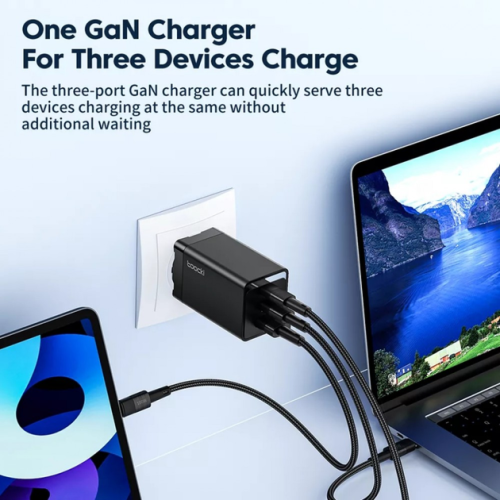 Адаптер Toocki GaN Fast Charger (2 USB-C + 1 USB-A) 65W (Black)