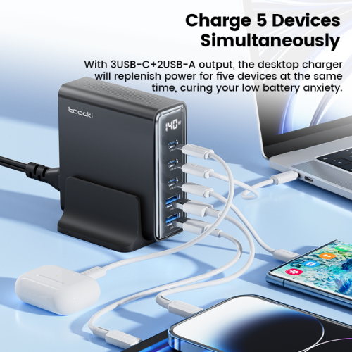 Адаптер Toocki GaN Desktop Charger (3 USB-C + 2 USB-A) 140W/2.5A (White)