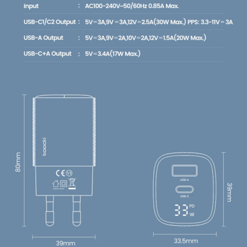 Адаптер Toocki Smart Power Display GaN Quick Charger 33W (Black) Адаптер Toocki Smart Power Display GaN Quick Charger 33W (Black)