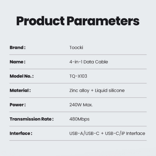 Кабель Toocki 4-in-1 Silky Smooth Silicone Cable A+C-C+iP 240W 2m (Black)