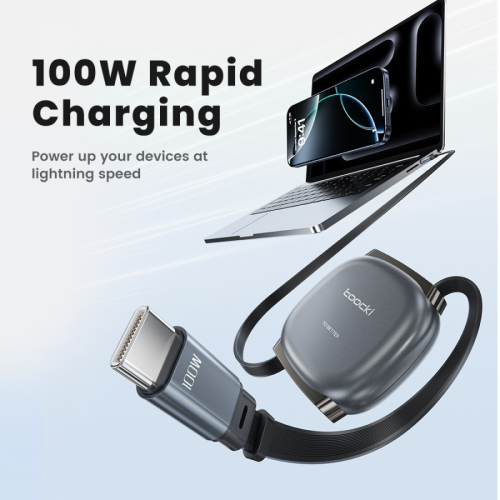 Кабель Toocki Retractable & Mini USB-C Data Cable C-C 100W 1m (Grey)
