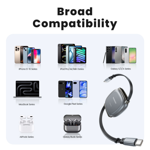 Кабель Toocki Retractable & Mini USB-C Data Cable C-C 100W 1m (Grey)