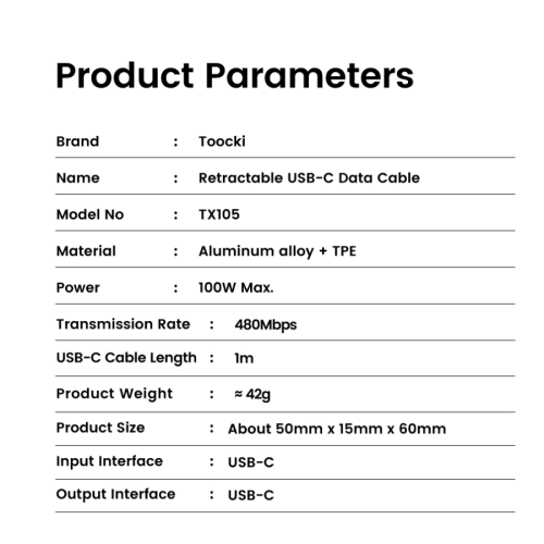 Кабель Toocki Retractable & Mini USB-C Data Cable C-C 100W 1m (Grey)