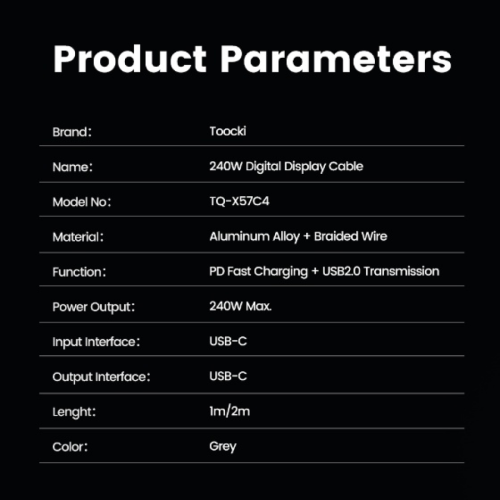 Кабель Toocki Smart Digital Display Fast Charge Cable C-C 240W 1m (Grey)